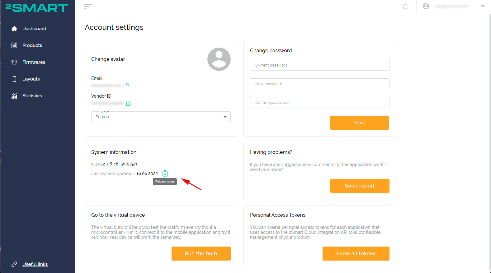 The Account settings section