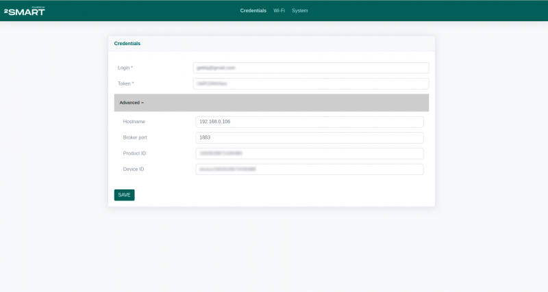 Credentials screen of the built-in 2Smart Cloud web admin panel