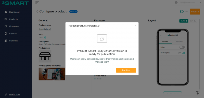 Product publication confirmation screen