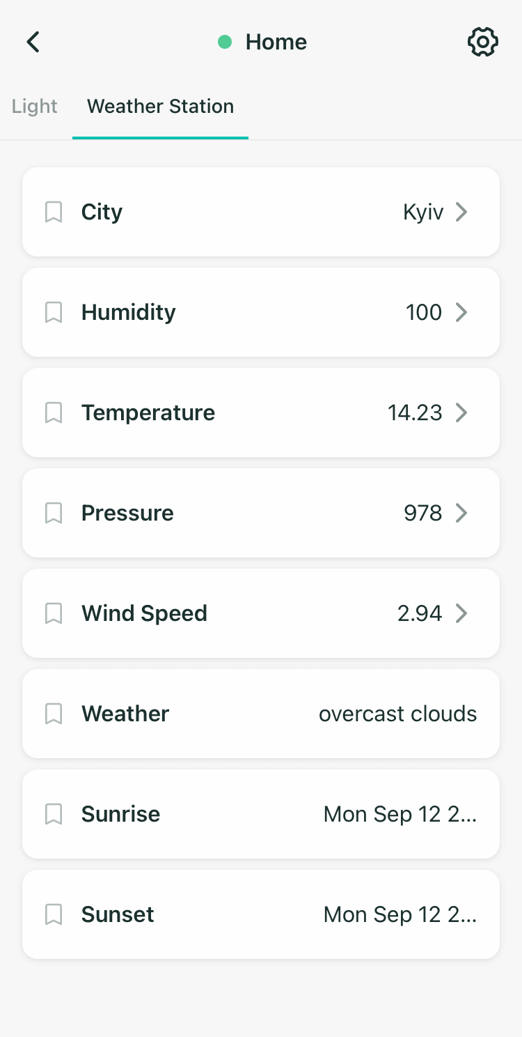 The Weather Station tab of the 2Smart Cloud mobile spp