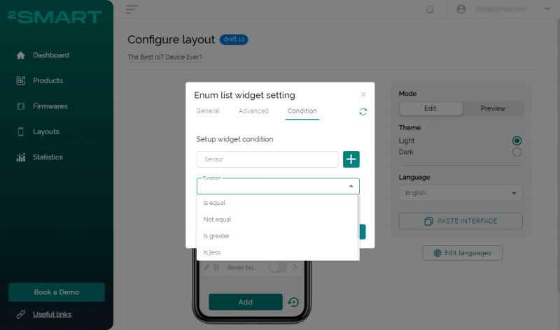 More flexible configuration of conditions for displaying widgets and tabs in a mobile app