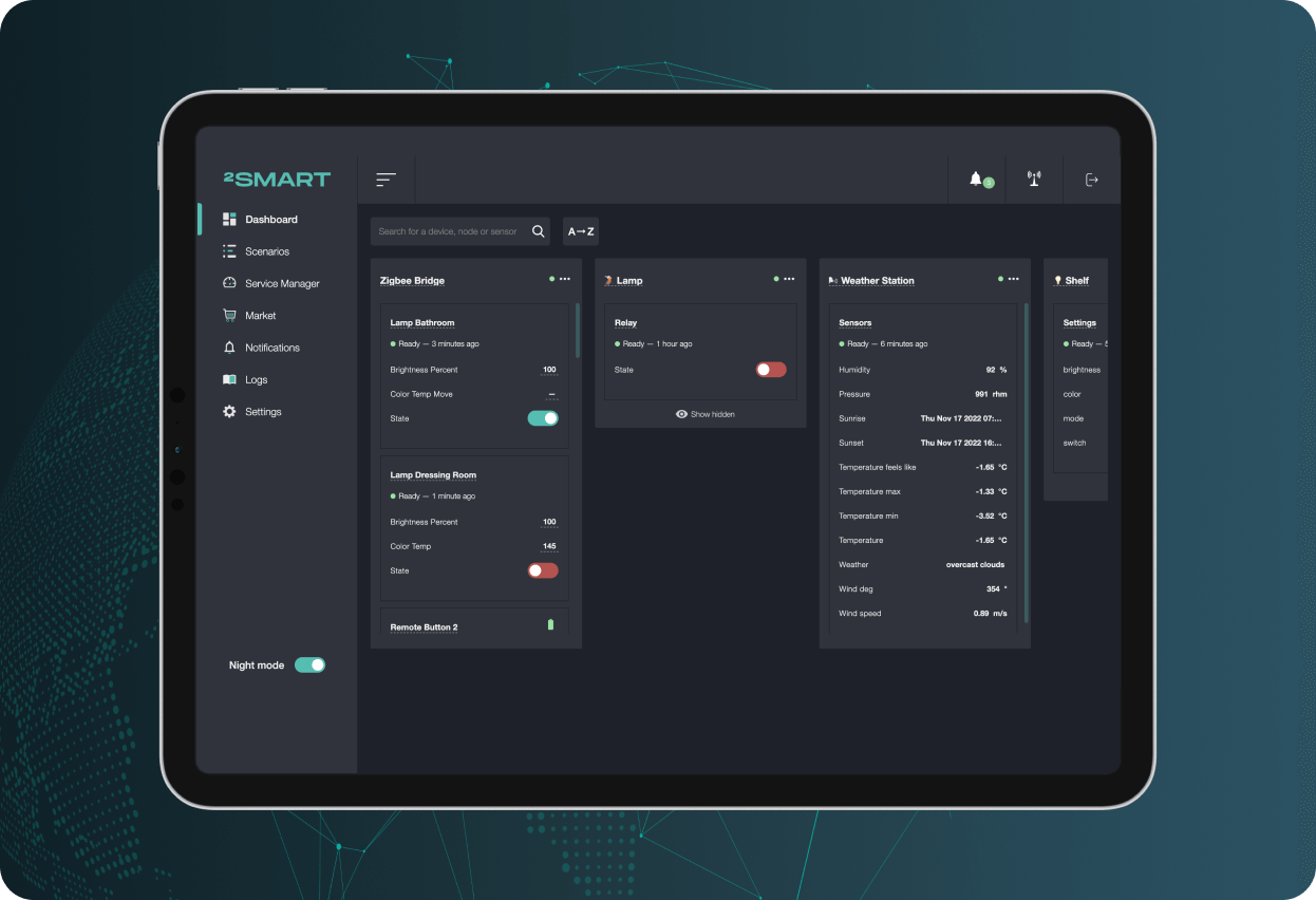 Auto-generated interface based on device states, offering a consistent look and controls for all device types.