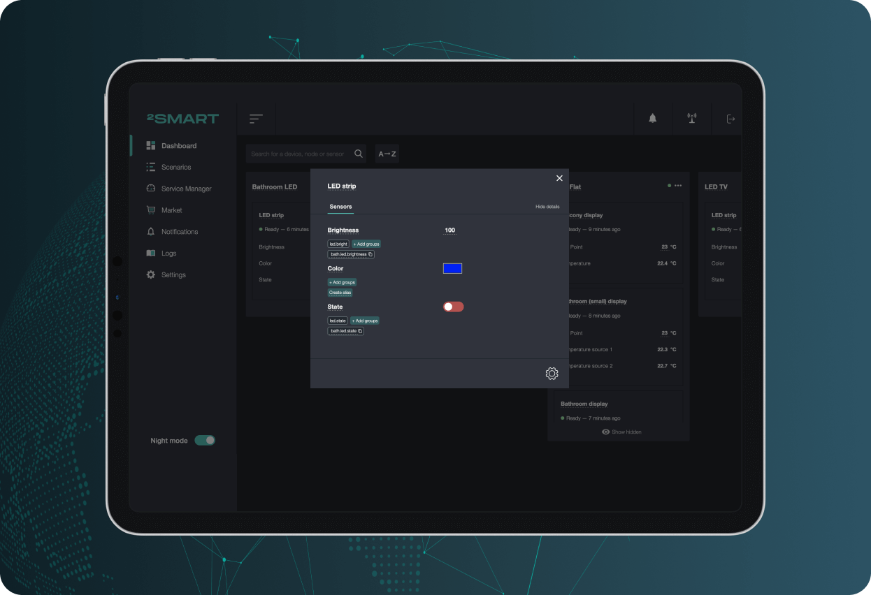 Manual remote device control, and effortless sensor grouping for simultaneous setup with our declarative UI.