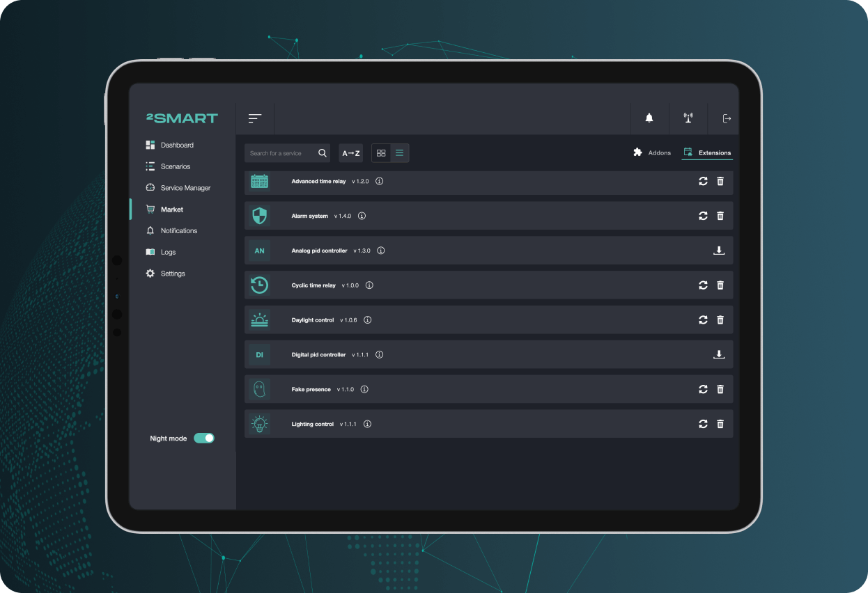 A ready-made library of automated management scenarios like lighting control based on movement and device triggering according to sunrise/sunset.